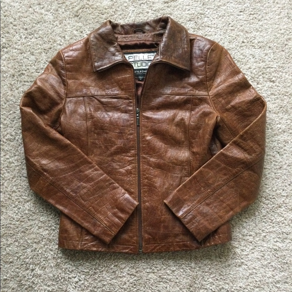 🔥🔥HOST PIC🔥🔥PELLE Brown Leather Croc Jacket